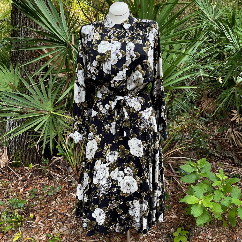 Vintage 90s Maxi Shirt Dress Black White Roses Long Sleeve Carole Little Size 8